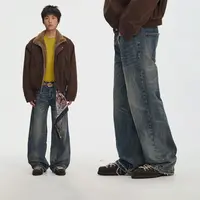 江南先生NewJNXS纯棉重磅修身直筒做旧牛仔裤秋男女百搭休闲长裤