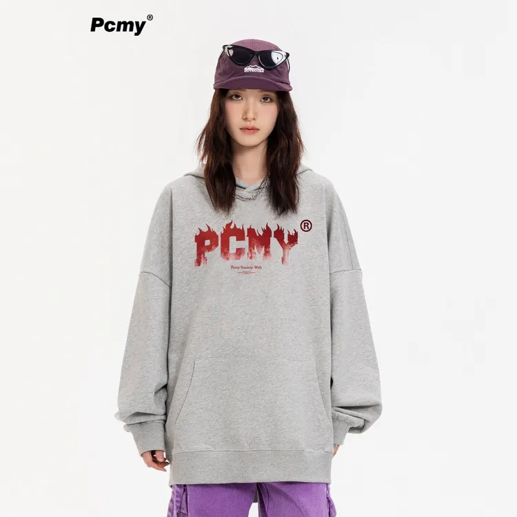 PCMY潮牌美式复古火焰字母连帽卫男女同款宽松休闲个性小众情侣装