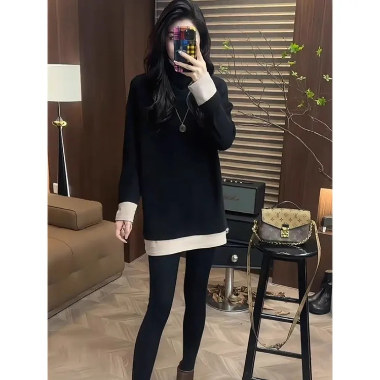 撞色半高领德绒打底衫女秋冬加厚内搭长袖t恤中长款配鲨鱼裤上衣