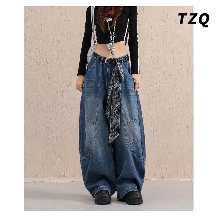 美式辣妹宽松慵懒牛仔裤女秋季复古水洗时髦廊形弯刀裤TZQ2581613