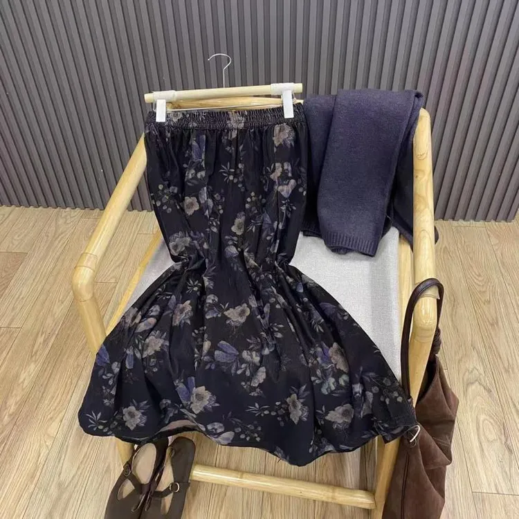 早秋高腰纯棉印花半身裙复古文艺宽松百搭中长款A字裙女Q99916