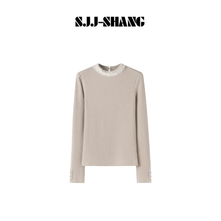 SHANG【花边打底】无缝衔接蕾丝拼接锁边轻奢针织T恤上衣q136105p
