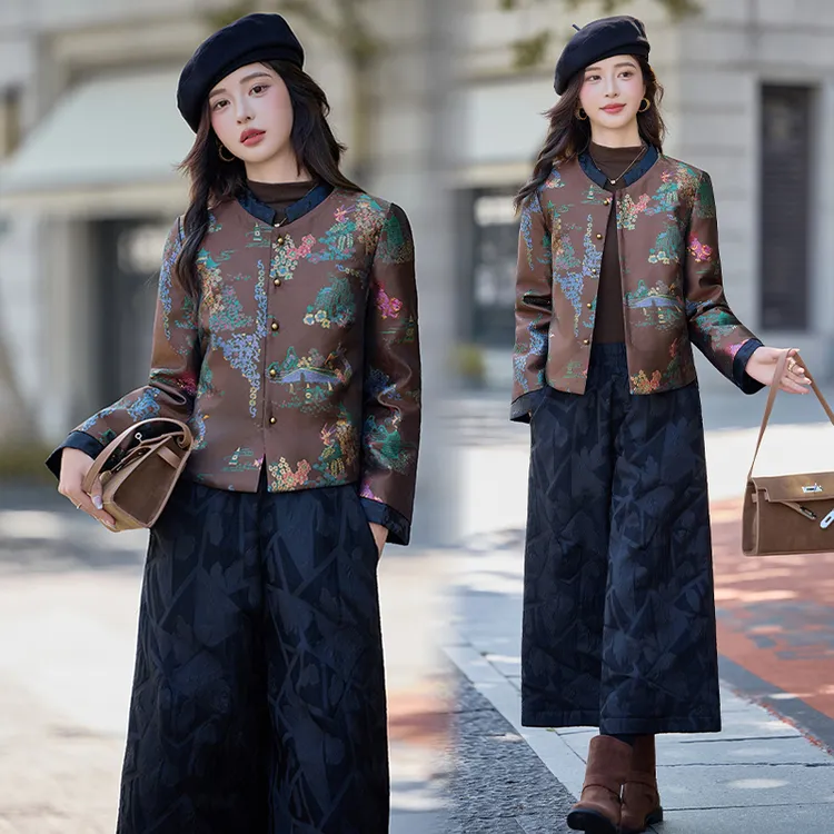 新中式高级感短款提花90白鸭绒羽绒外套阔腿九分羽绒裤两件套女冬