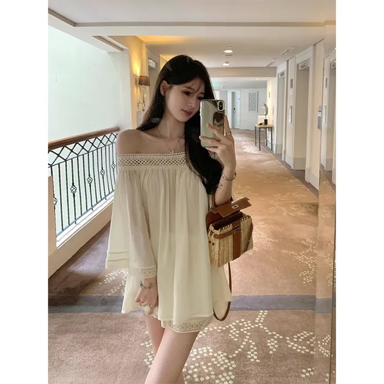 设计感纯欲风镂空花边两件套女2025新款韩式感宽松轻薄衬衫短裤子