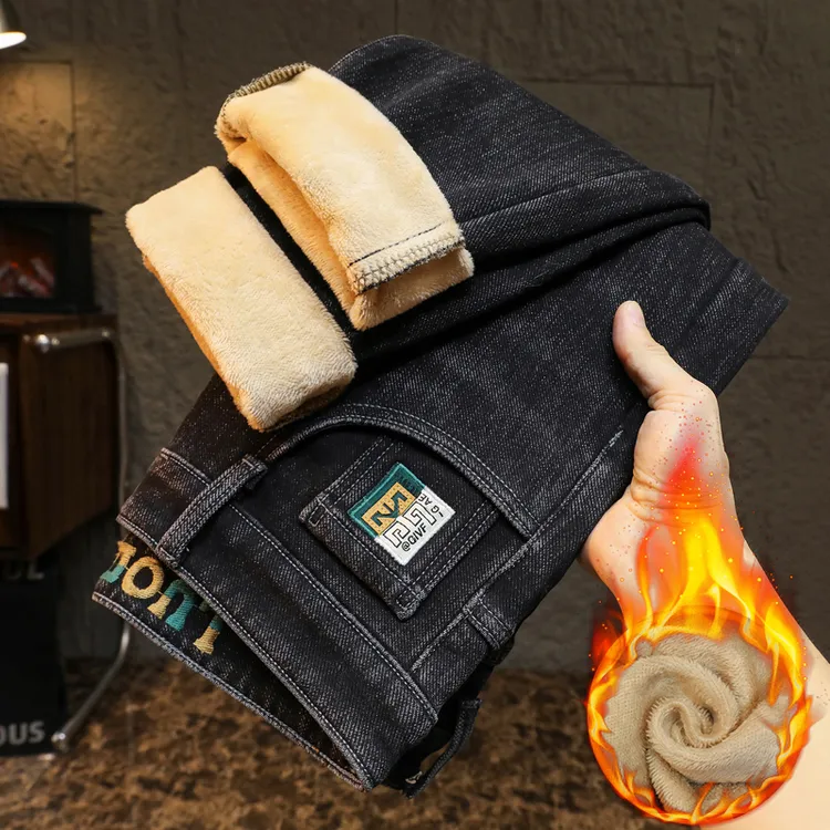 WAG“一条过冬”加绒牛仔裤冬季新款御寒弹力休闲小直筒长裤-815-1