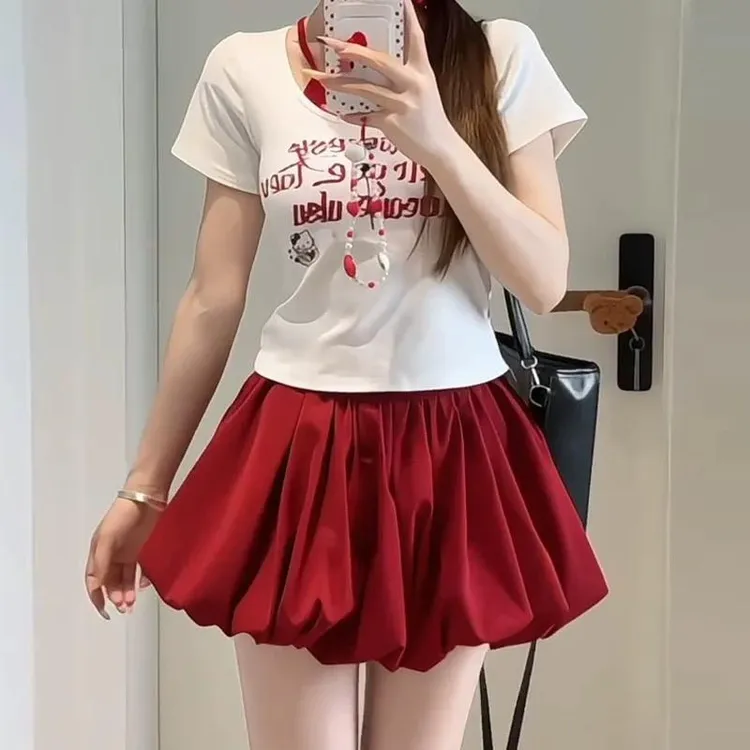 女夏季设计感小众收腰显瘦韩系甜辣红色花苞半身裙百搭蓬蓬短裙子