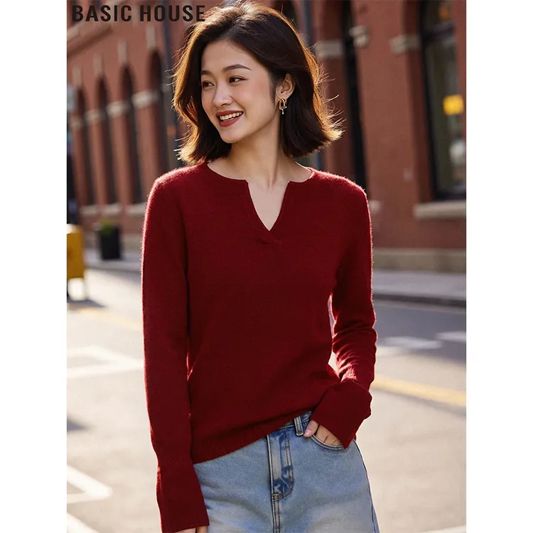 Basic House/百家好新年红长袖绵羊毛针织衫修身打底衫女2025冬季