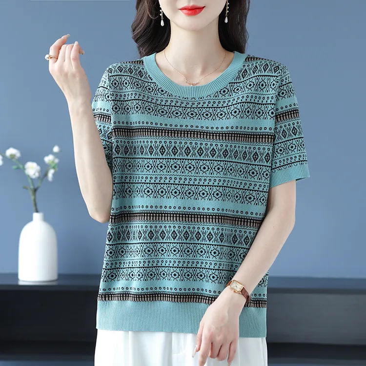 冰丝提花短袖上衣时尚高档条纹t恤百搭休闲气质女装小衫宽松显瘦