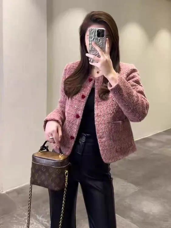 粉色小香风超好看独特漂亮粗花呢短款外套女冬季韩系气质百搭上衣