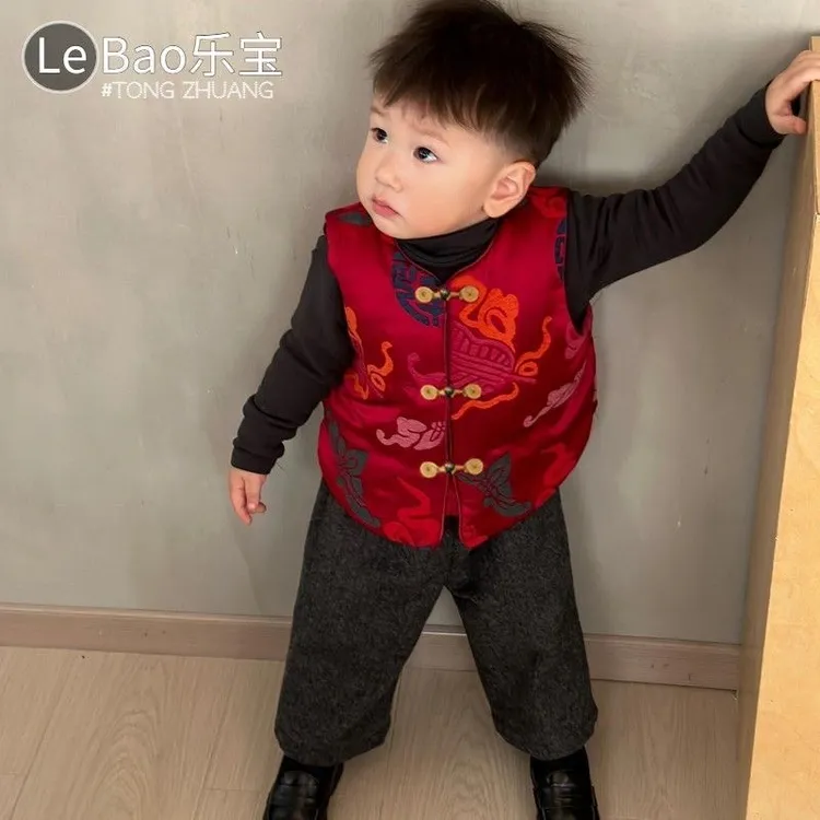 儿童拜年服男童新中式夹棉马甲宝宝冬装时髦国风喜庆红色唐装背心