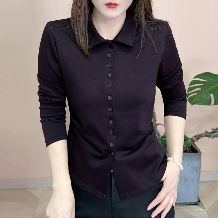 2025秋季新品时尚百搭修身显瘦纯色POLO领衬衫女士长袖上衣8176