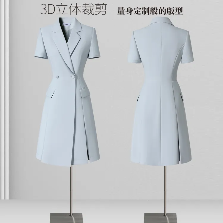西装连衣裙女夏季灰蓝色时尚修身显瘦遮肚减龄商务通勤职业西装裙