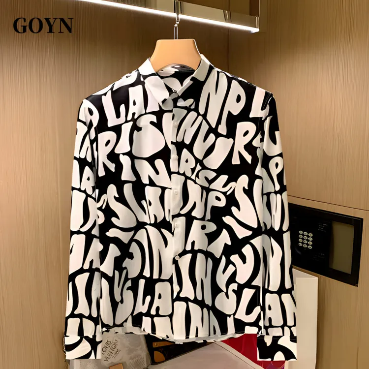 GOYN秋季美式潮流痞帅时尚男装休闲字母印花男士百搭修身长袖衬衫