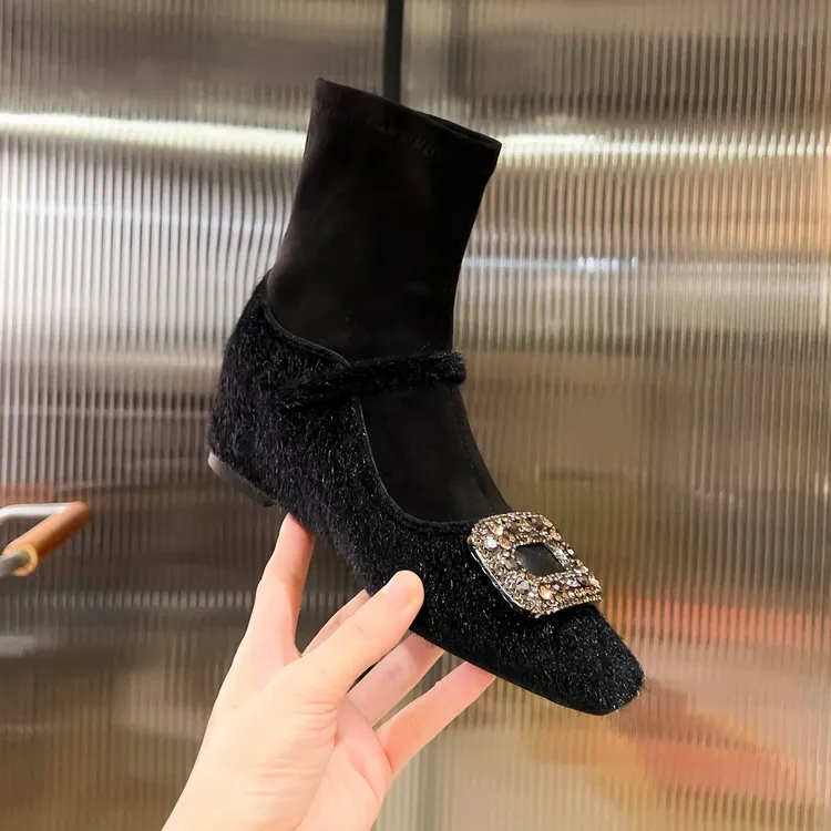 内增高方头后拉链短靴时尚单靴时装2025秋冬季新款袜靴女靴瘦瘦靴