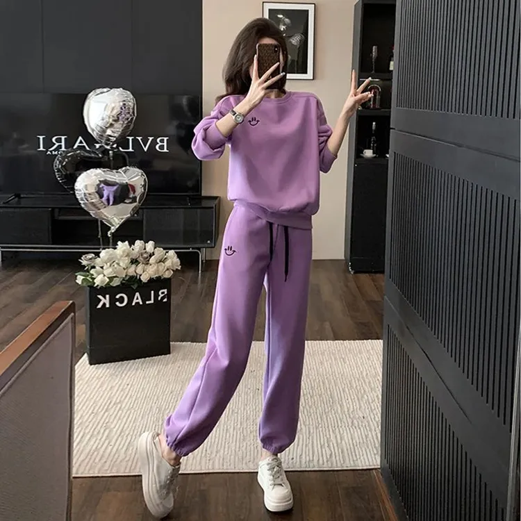 纯棉休闲运动服套装女款春秋2025新款网红宽松紫色卫衣卫裤两件套