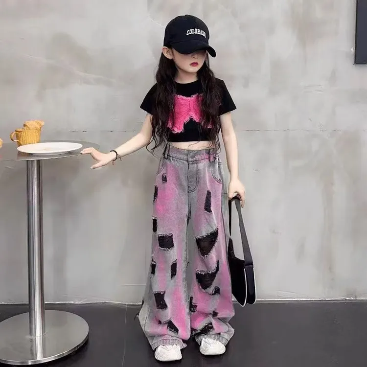 女童夏装套装2025新款爆款短袖甜酷牛仔裤儿童夏季网红女孩两件套