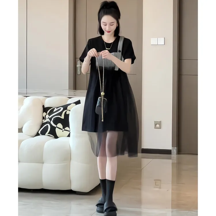 黑色时尚不规则连衣裙女夏季新款韩系设计感格子网纱拼接A字T恤裙