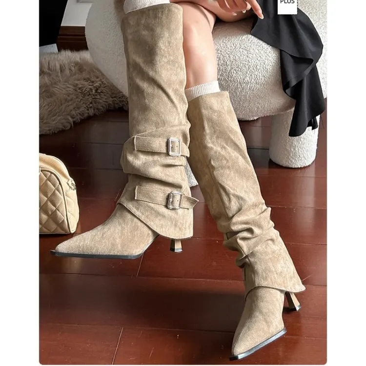 大筒围女靴时髦尖头堆堆靴褶皱细跟高筒靴子瘦瘦靴高跟不过膝长靴