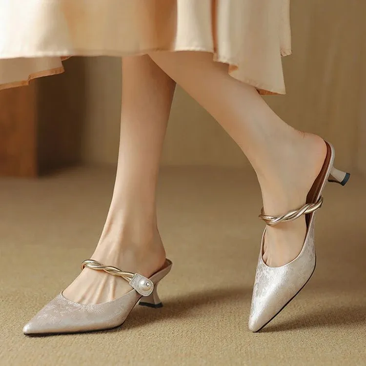 牛皮真皮5cm新中式中跟凉拖鞋女细跟尖头外穿高跟鞋国风包头女