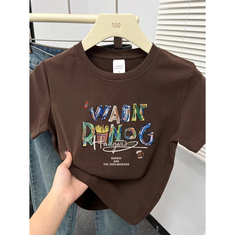 美式时髦圆领正肩短袖t恤女装春夏季新款设计感小众字母印花上衣