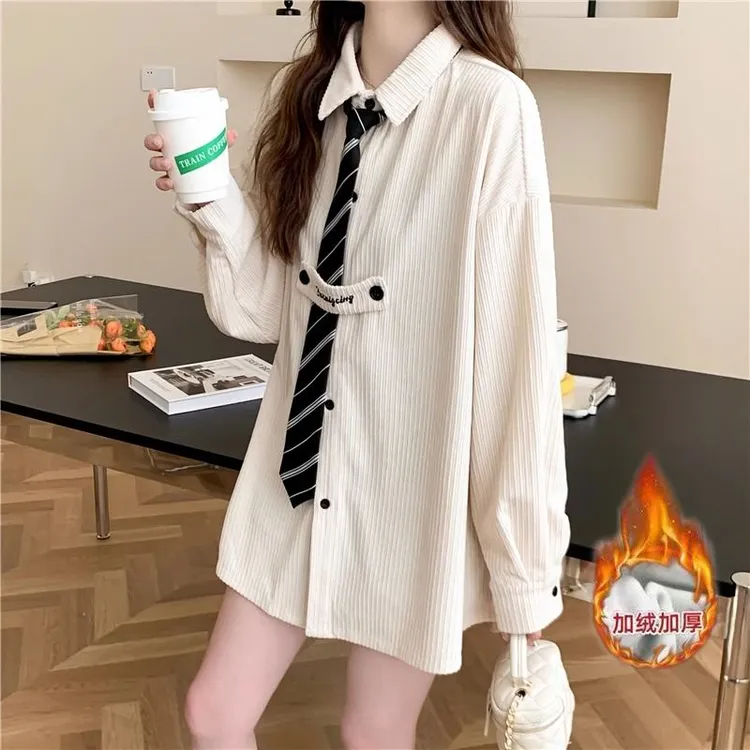 大码女装时尚休闲polo领长袖衬衣女上衣韩版中长款宽松显瘦高级感