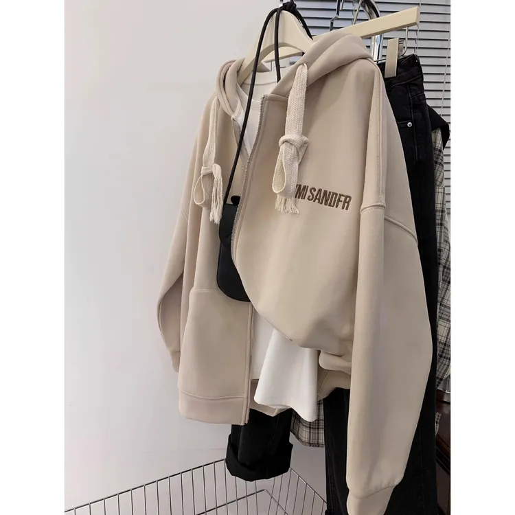 美式复古卡其色连帽长袖卫衣女春秋秋冬外套秋季新款