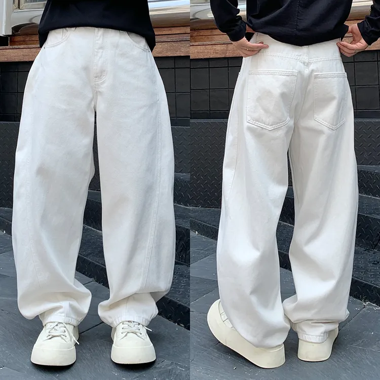 白色阔腿弯刀牛仔裤男潮牌宽松百搭长裤子vibe美式高街痞帅香蕉裤