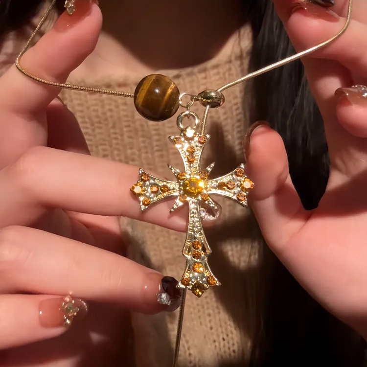 铜合金锆石项链 十字架吊坠虎眼石个性时尚项链FX01156B4