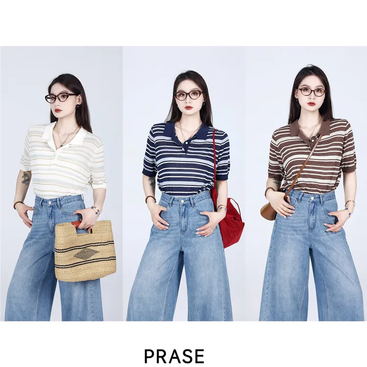 PRASE·噜【条纹POLO】微胖轻奢设计款夏天丝亚麻时尚条纹衫PR504S86