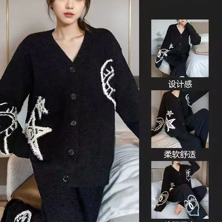 小香风软绵绵睡衣女春秋冬季2025新款针织衫高级感半边绒保暖套装