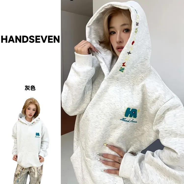 HandSeven美式重磅卫衣趣味字母刺绣加绒秋冬连帽卫衣休闲百搭