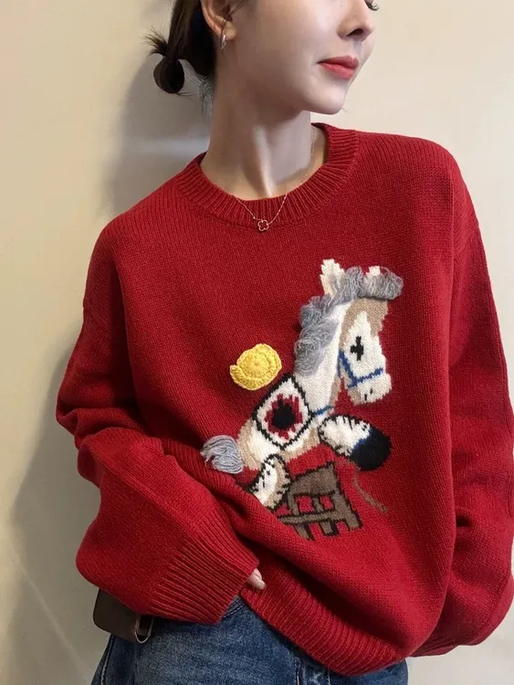 欧洲站2025冬季韩版小个子甜美卡通小马提花针织衫套头百搭毛衣女