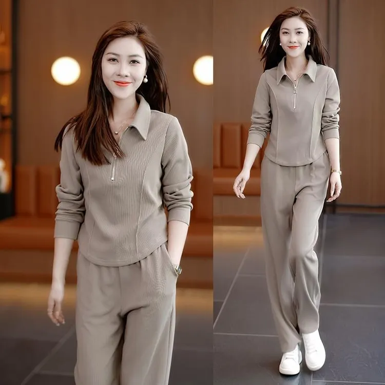 半拉炼设计感时尚长袖新款运动套装女早秋洋派小个子两件套妈妈装