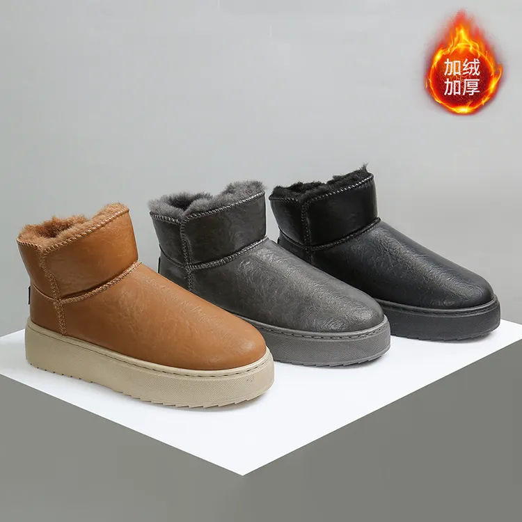 【工厂直销】雪地靴男士皮面防水加绒加厚防滑厚底短靴保暖男女棉鞋