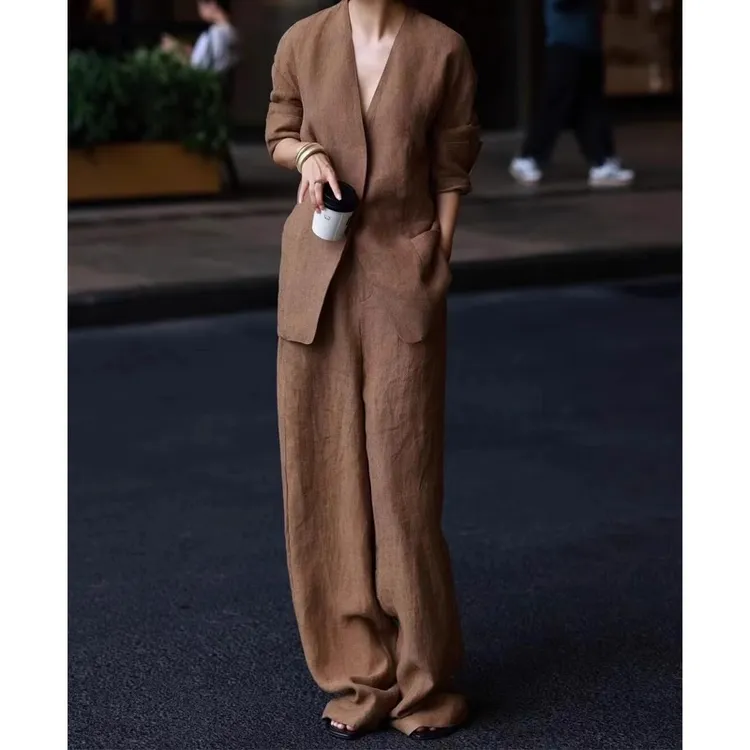 高级感亚麻无领西装套装女夏季新款老钱风宽松显瘦阔腿长裤两件套