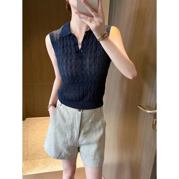 复古麻花编织翻领无袖针织衫女夏季新款洋气修身显瘦时尚短款上衣