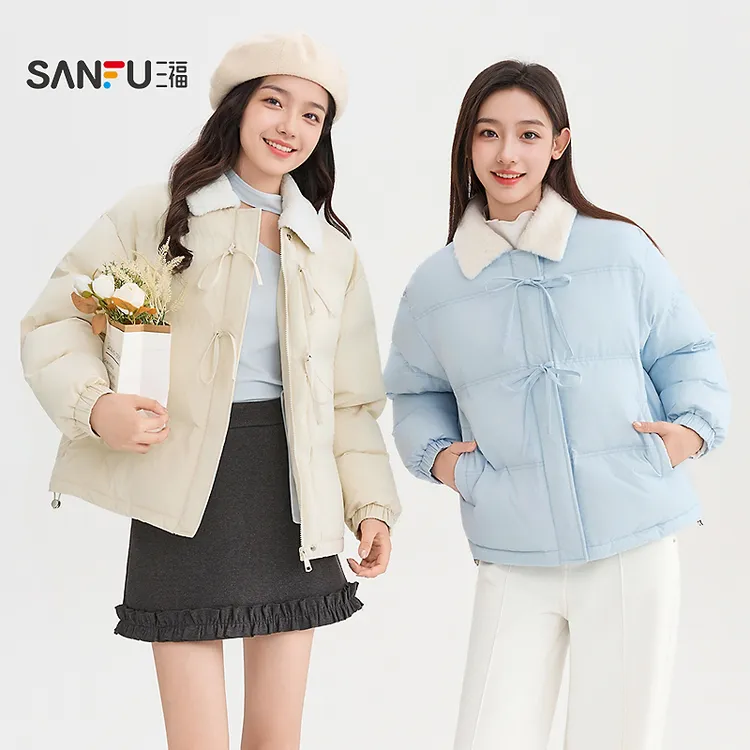 三福棉衣2025冬季拼接撞色仿毛领蝴蝶结千鸟格上衣女装504981