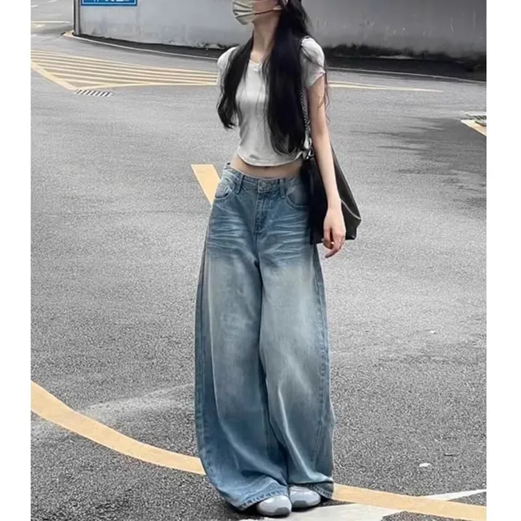 大码美式浅蓝阔腿牛仔裤女夏季新款高腰宽松显瘦百搭拖地直筒裤子