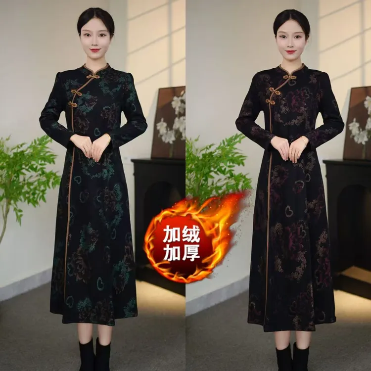 秋冬新品重工烫金花加绒加厚气质百搭连衣裙