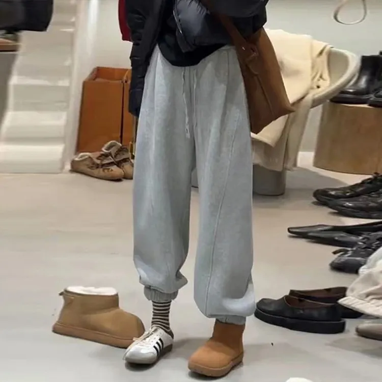 流行时尚潮牌女装加绒裤子女高腰加厚束脚裤女宽松休闲裤运动卫裤