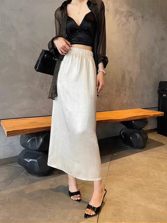 新中式醋酸缎面纯色半身裙女2025早秋新款高腰中长款显瘦直筒裙