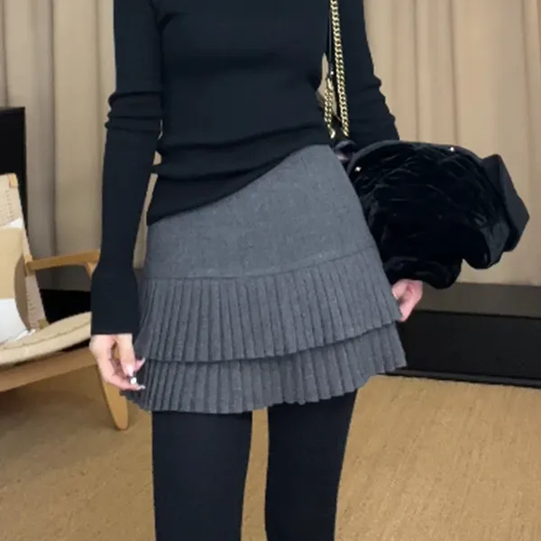 【一比Eby】减龄时尚毛呢高腰A字双层百褶裙短裙半身裙秋女251527