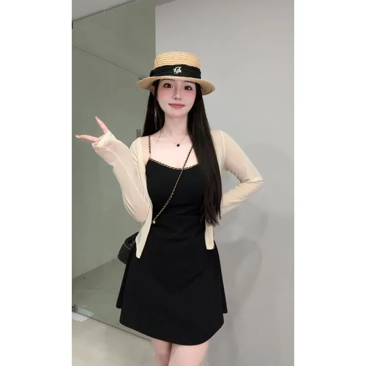 【现货】胖mm气质吊带连衣裙开衫两件套显瘦遮肉纯欲黑色裙子07015