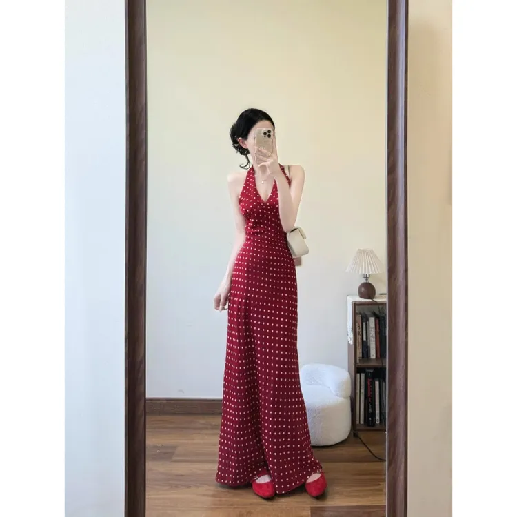 MARIE.COCO时尚休闲气质波点印花挂脖V领连衣裙韩系收腰显瘦裙子