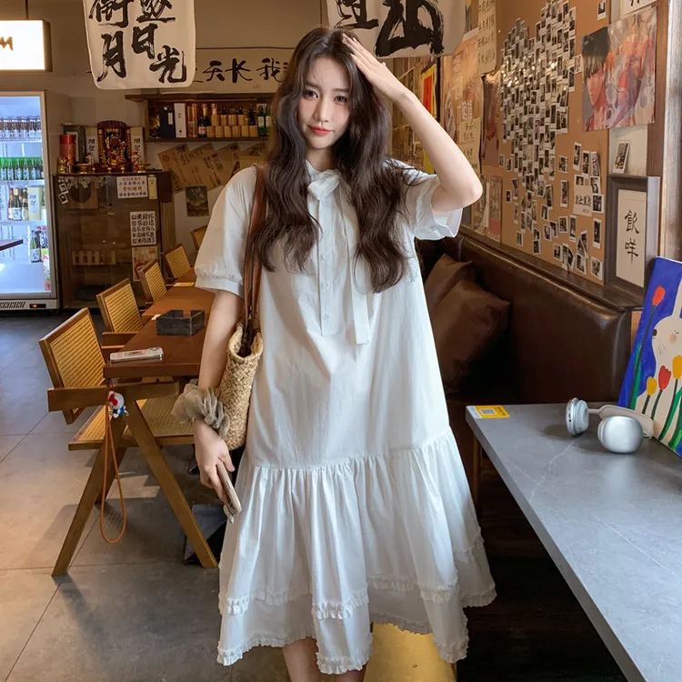 文艺学院风蝴蝶结系带衬衫连衣裙女2025夏季法式少女感减龄小白裙