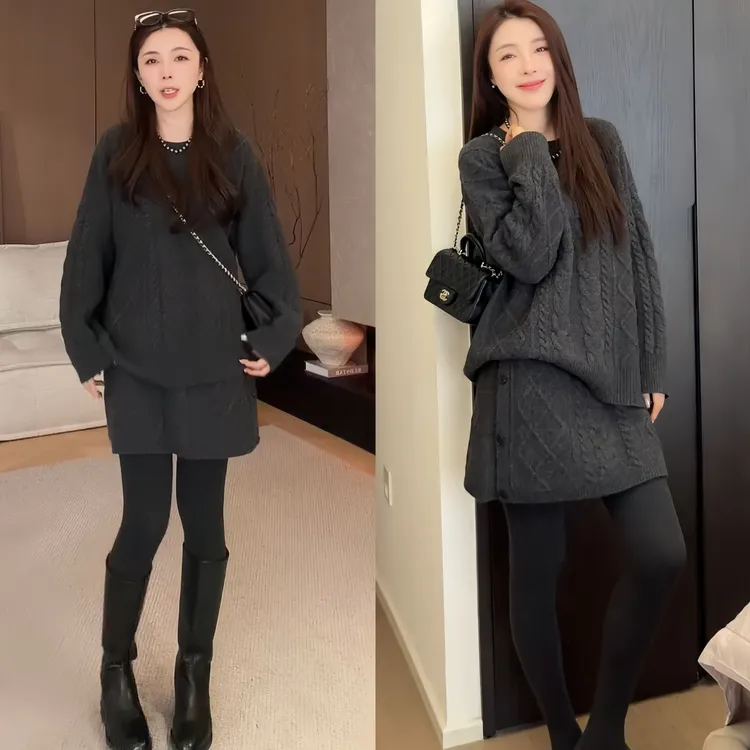 2025秋冬季新款韩系时尚慵懒风软糯长袖针织毛衣高腰显瘦短裙套装