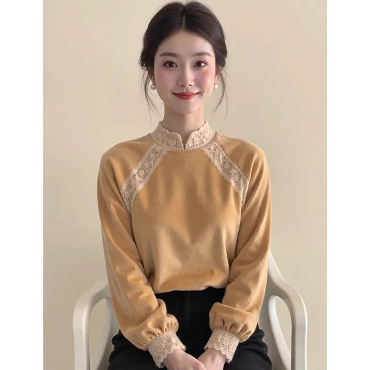 新中式女装黄色蕾丝花边丝绒上衣25冬宽松显瘦超好看气质国风小衫