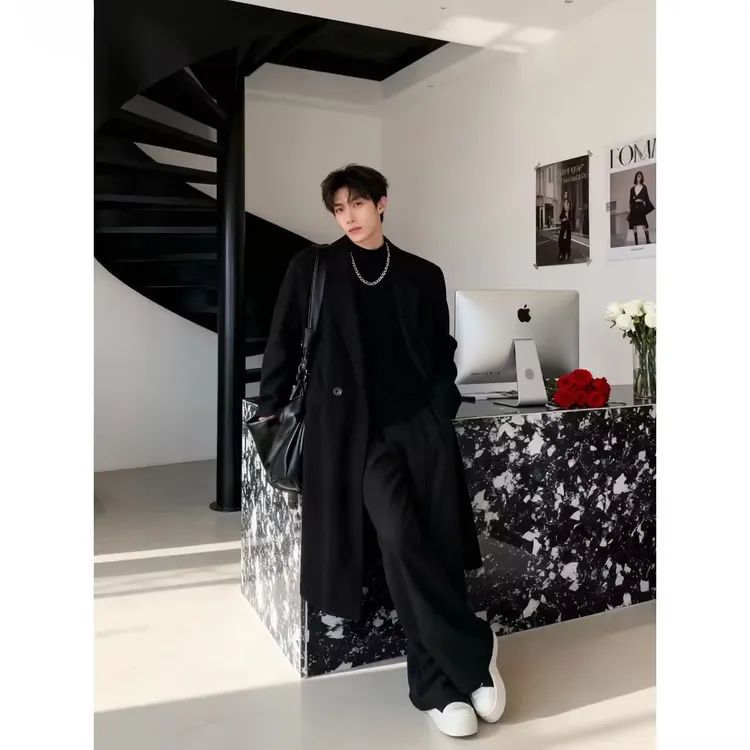 黑色中长款毛呢大衣男秋冬新款加棉加厚外套高级感男生呢子风衣潮