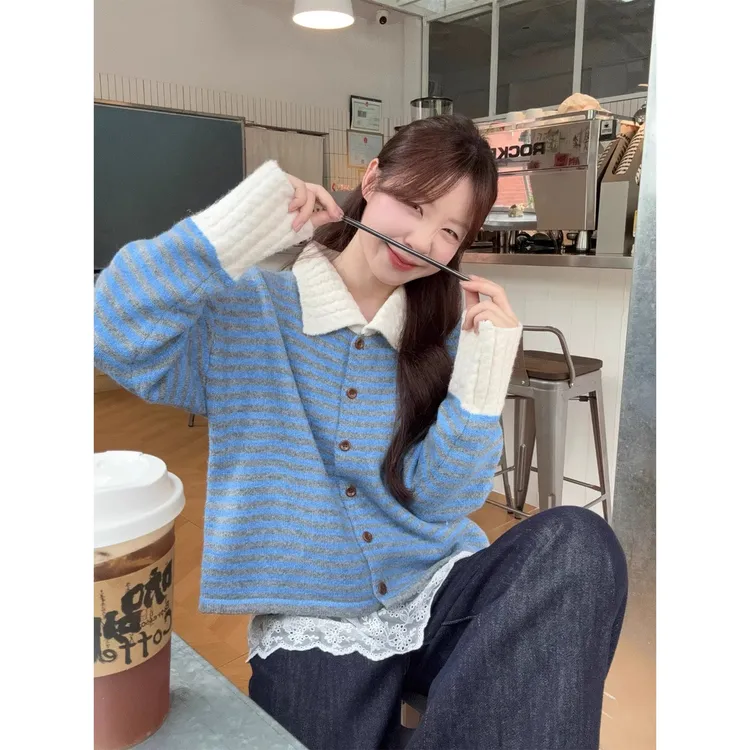 条纹polo开衫款宽松上衣拼接条纹针织衫秋季毛针织衫显瘦长袖