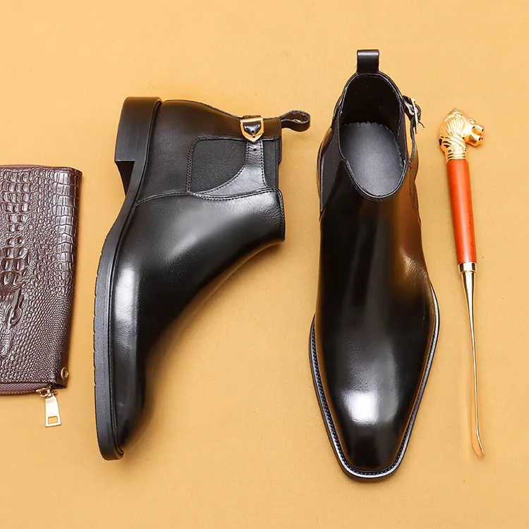 男士加绒牛皮靴男靴高端商务高帮真皮加厚英伦风复古马丁靴冬季